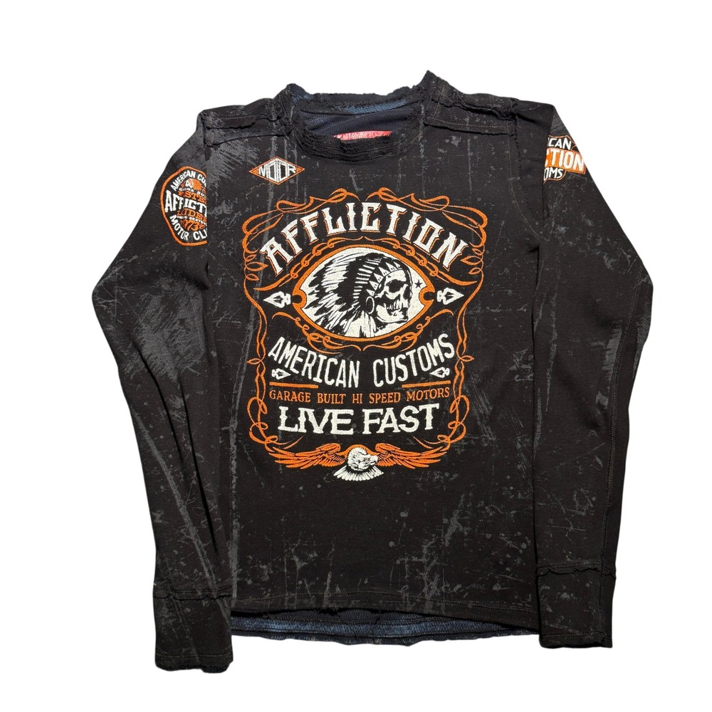 Vintage Y2K Affliction Reversible Thermal Shirt Black Navy Graphic Men L